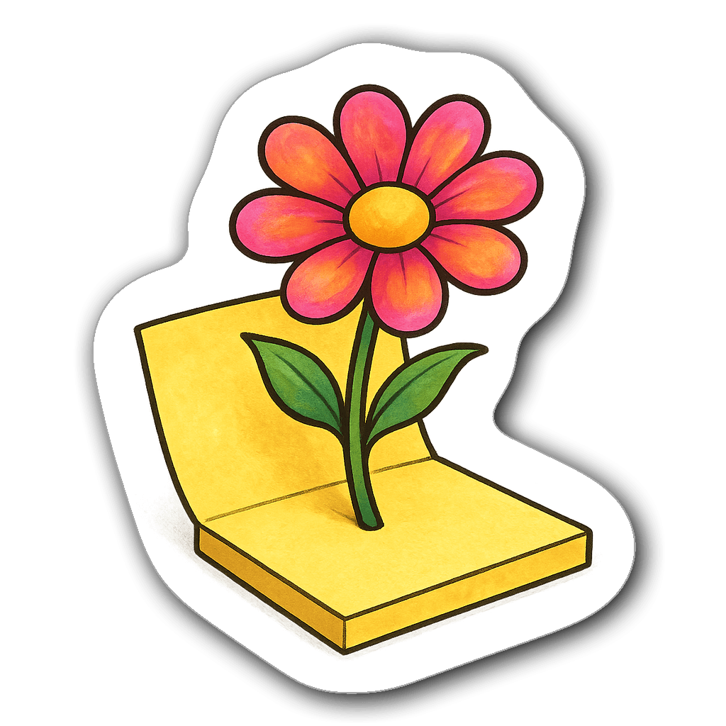 Watercolor illustration of a joyful flower blooming from a sticky note