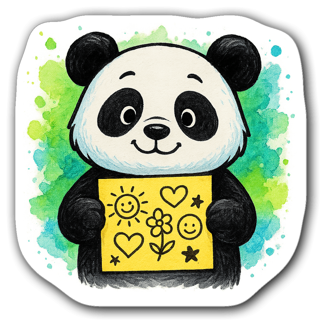 Panda holding a sticky note surrounded by vibrant colors
