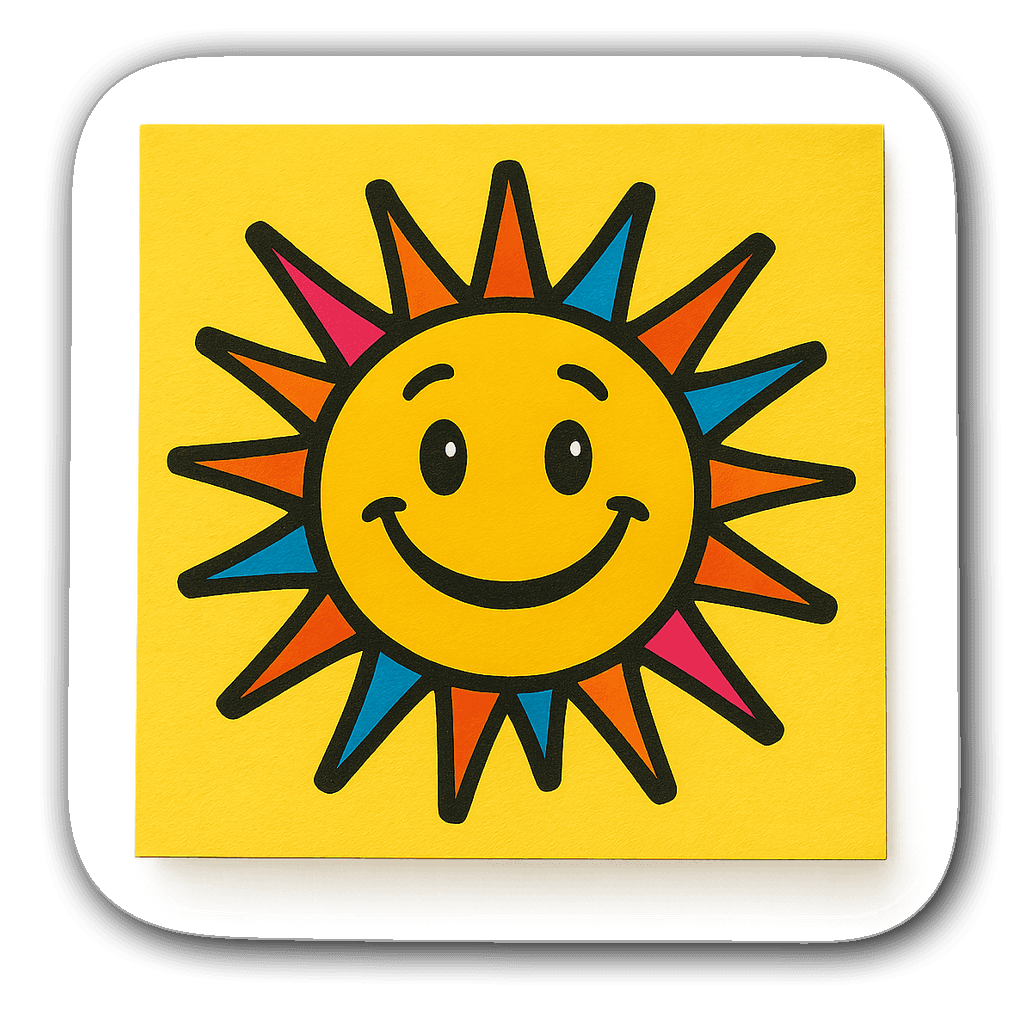 A vibrant sticky note with a cartoonish smiling sun character