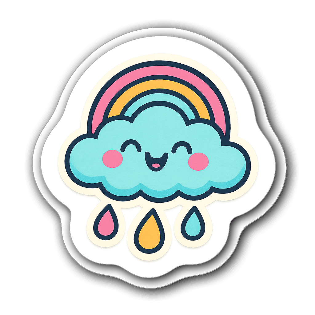 Cheerful cartoon cloud sticky note with raindrops and rainbow