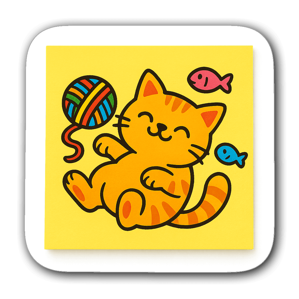 Playful sticky note featuring a cat, yarn ball, and fish design.