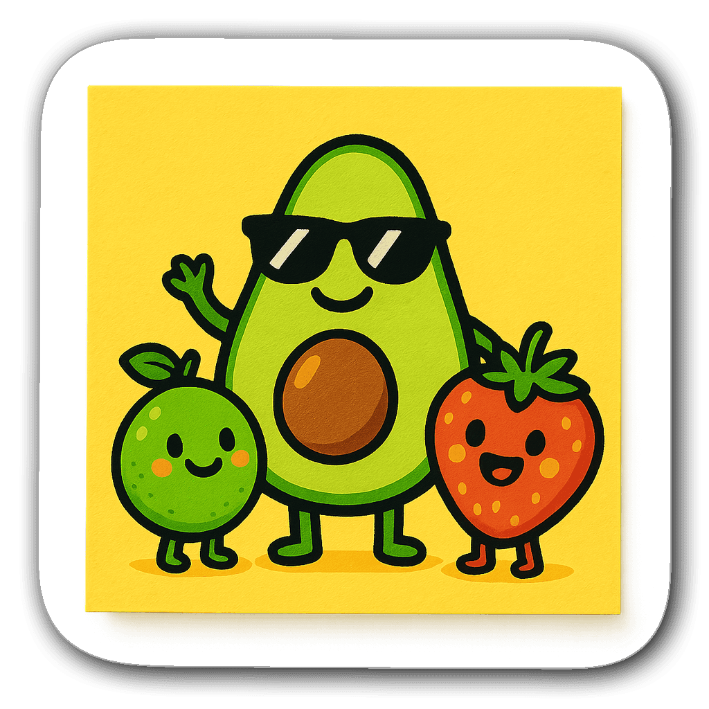 Funky avocado sticky note with sunglasses and fruit friends