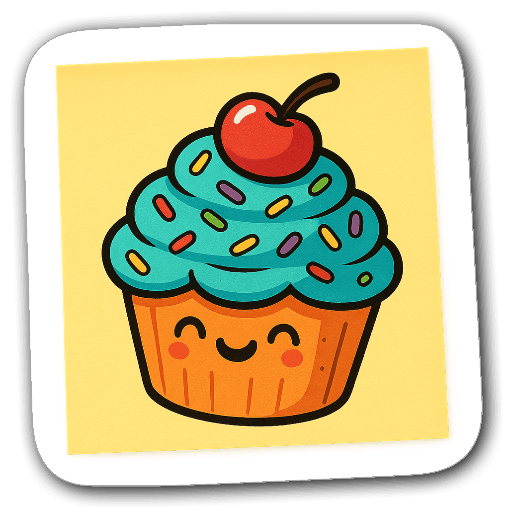 Colorful cupcake sticky note design with sprinkles and cherry