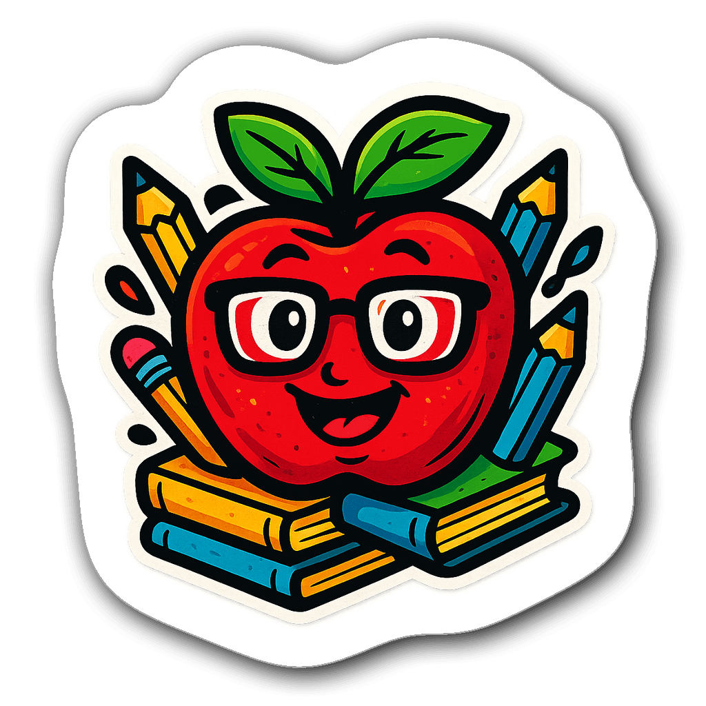 Vibrant graffiti-style sticker of a cheerful apple with glasses and school supplies