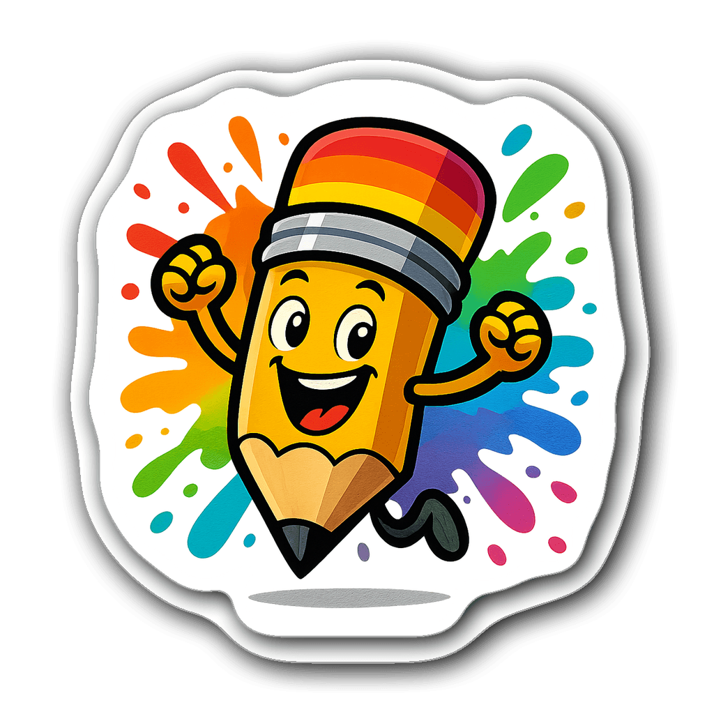 Animated pencil character sticker with vibrant colors and design
