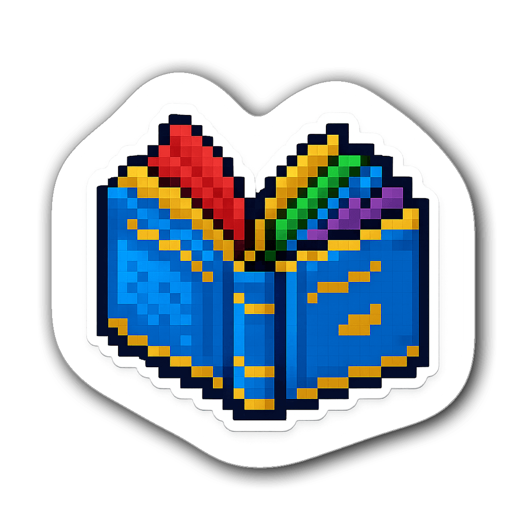 8-bit pixel art book sticker with a blue cover and colorful pages