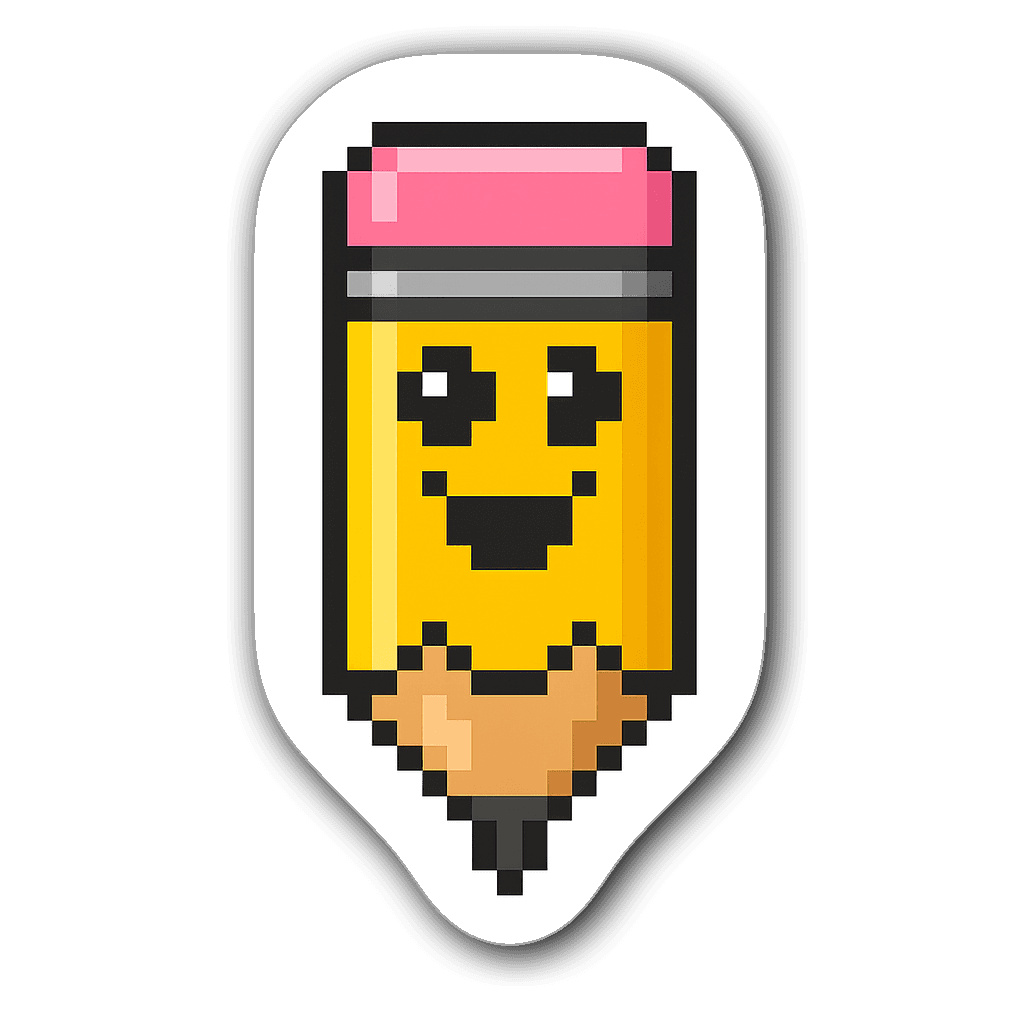Cheerful pixel art pencil sticker with a smiling face
