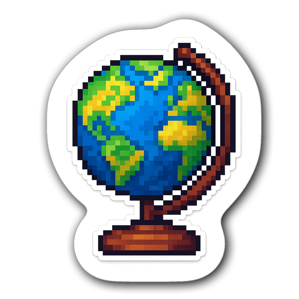 Colorful pixel art globe die-cut sticker on transparent background