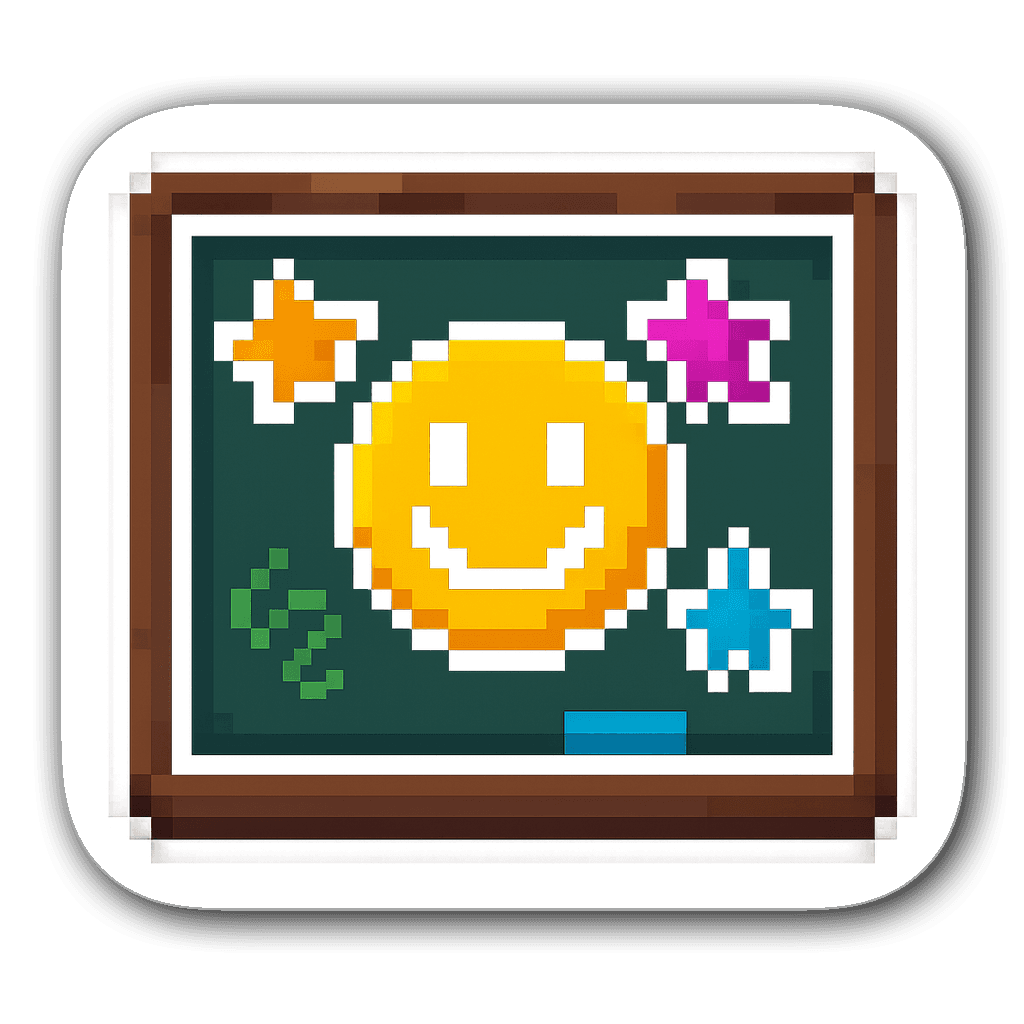 Adorable pixel art chalkboard sticker with colorful doodles
