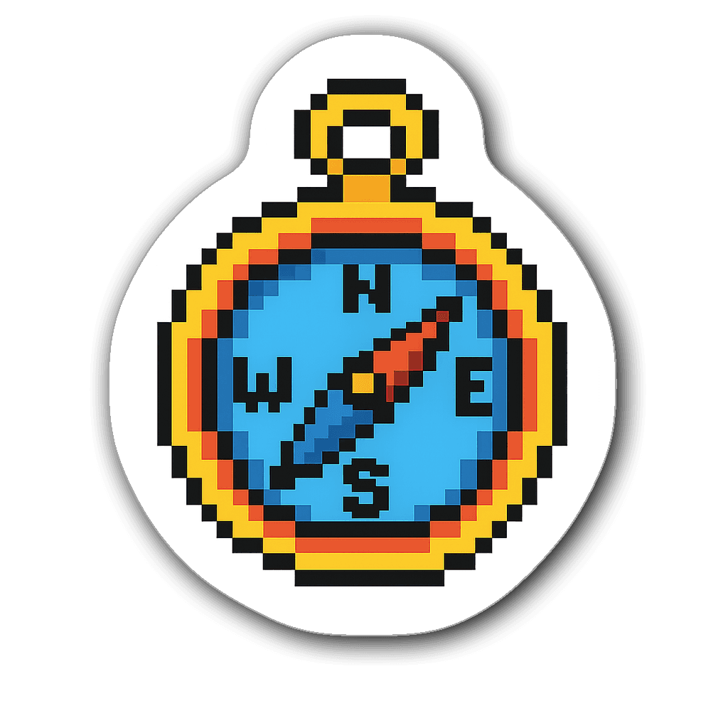 Vibrant pixel art compass sticker with thick outlines