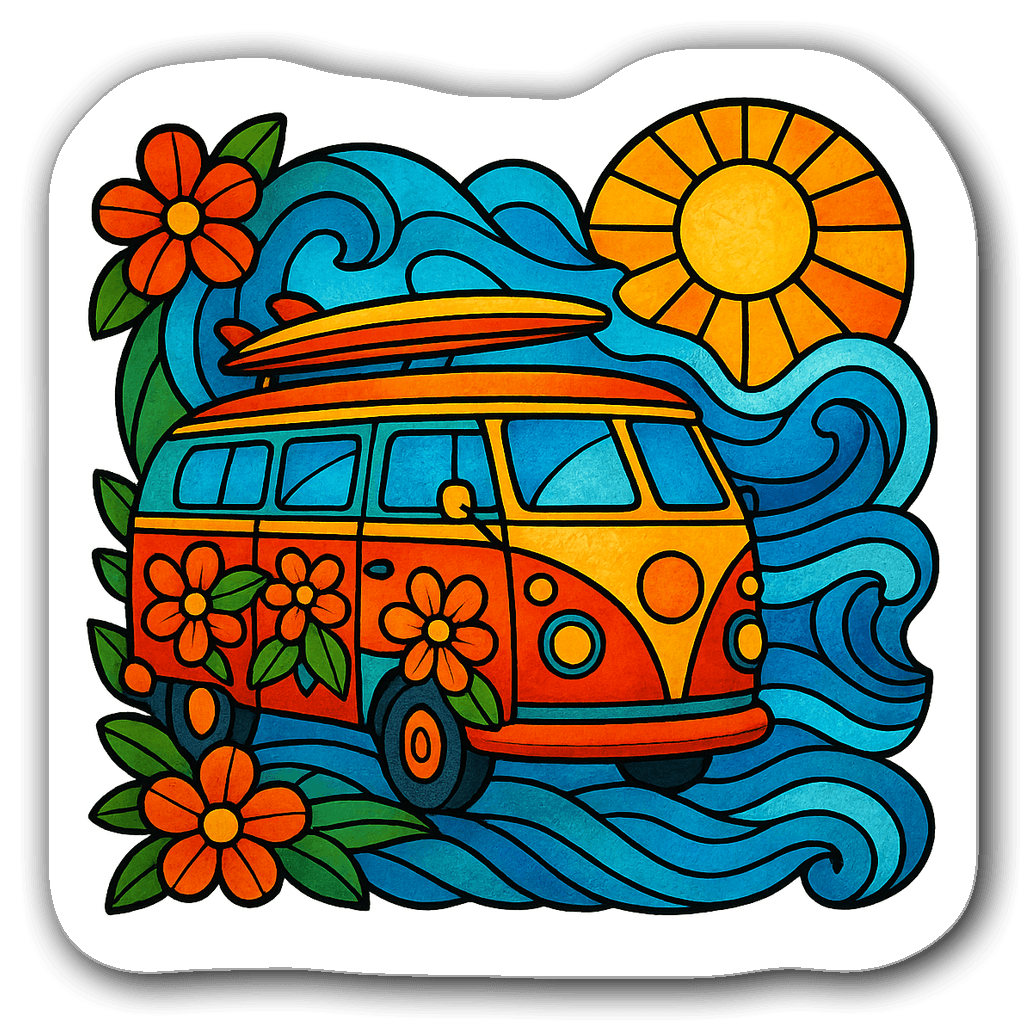 Stained glass sticker of a retro van with flowers and surfboards
