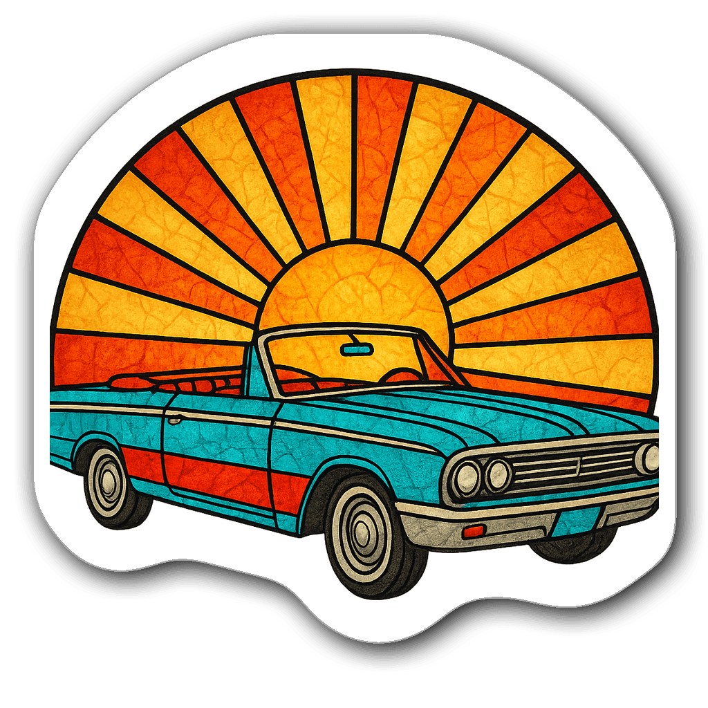 Stained glass sticker of a 1960s convertible car with sunburst