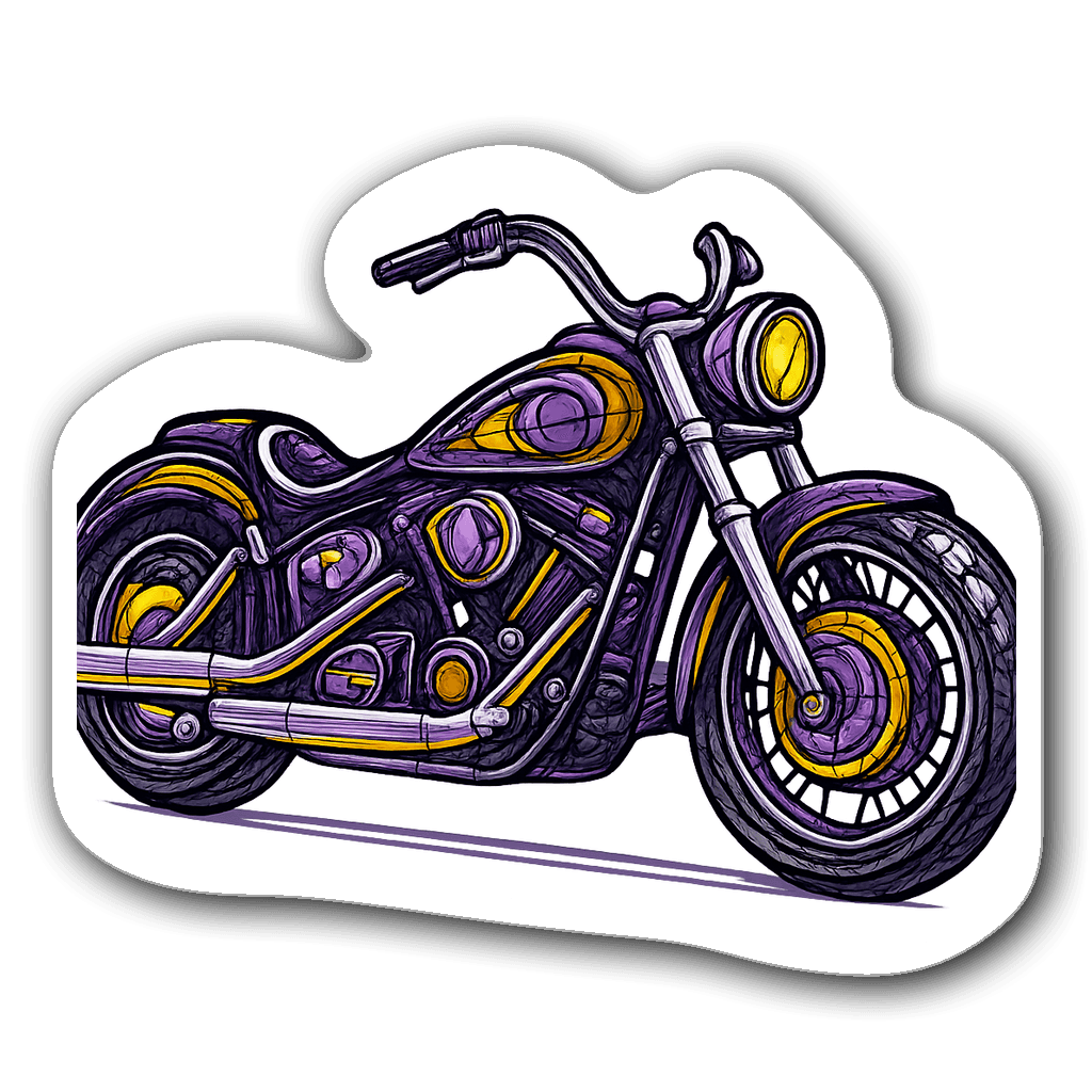 Intricate stained glass motorcycle silhouette in purple and yellow
