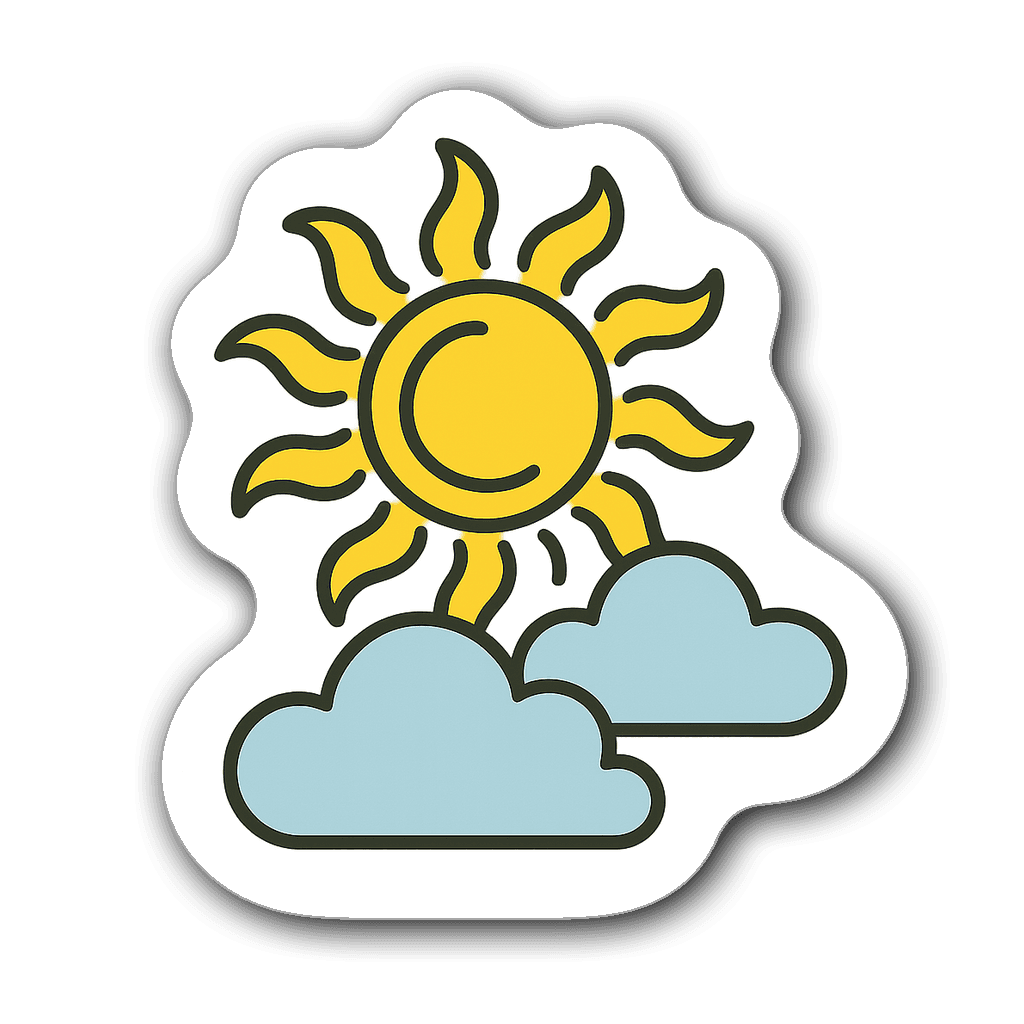 Minimalist sun and clouds window decal design in bright colors.