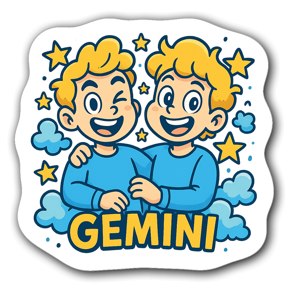 Comic book style Gemini sticker with twins and stars