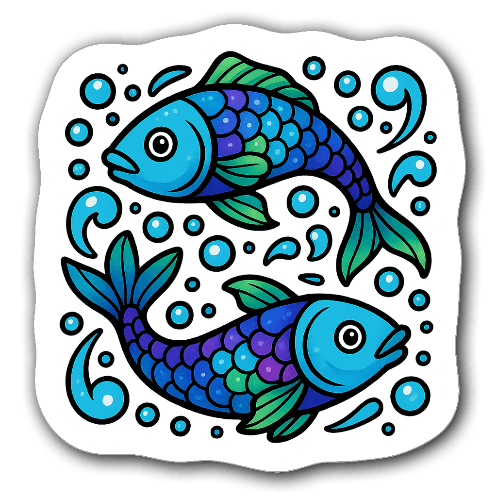 Whimsical Pisces symbol sticker with colorful fish