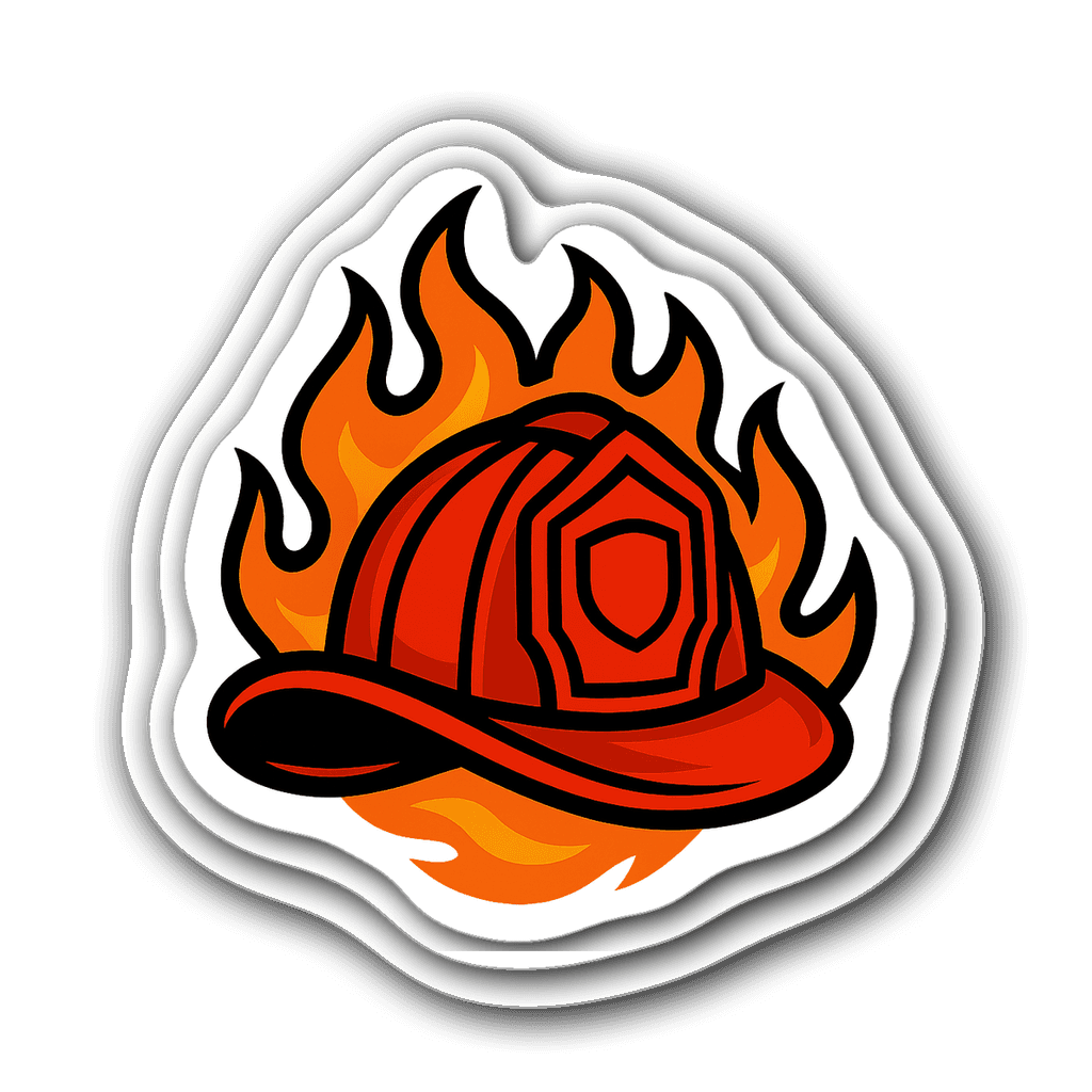 Bold illustration of a firefighter helmet with flames