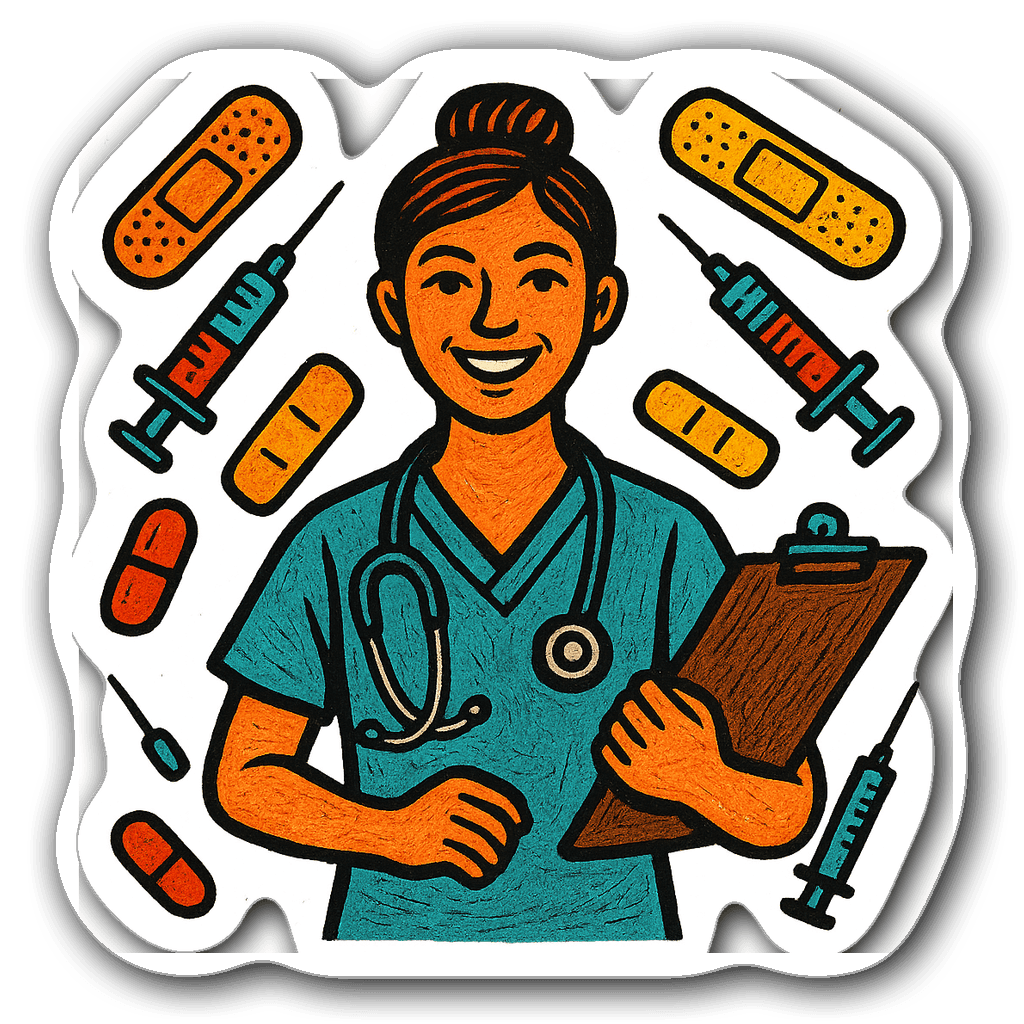 A smiling nurse holding a stethoscope and clipboard with medical supplies