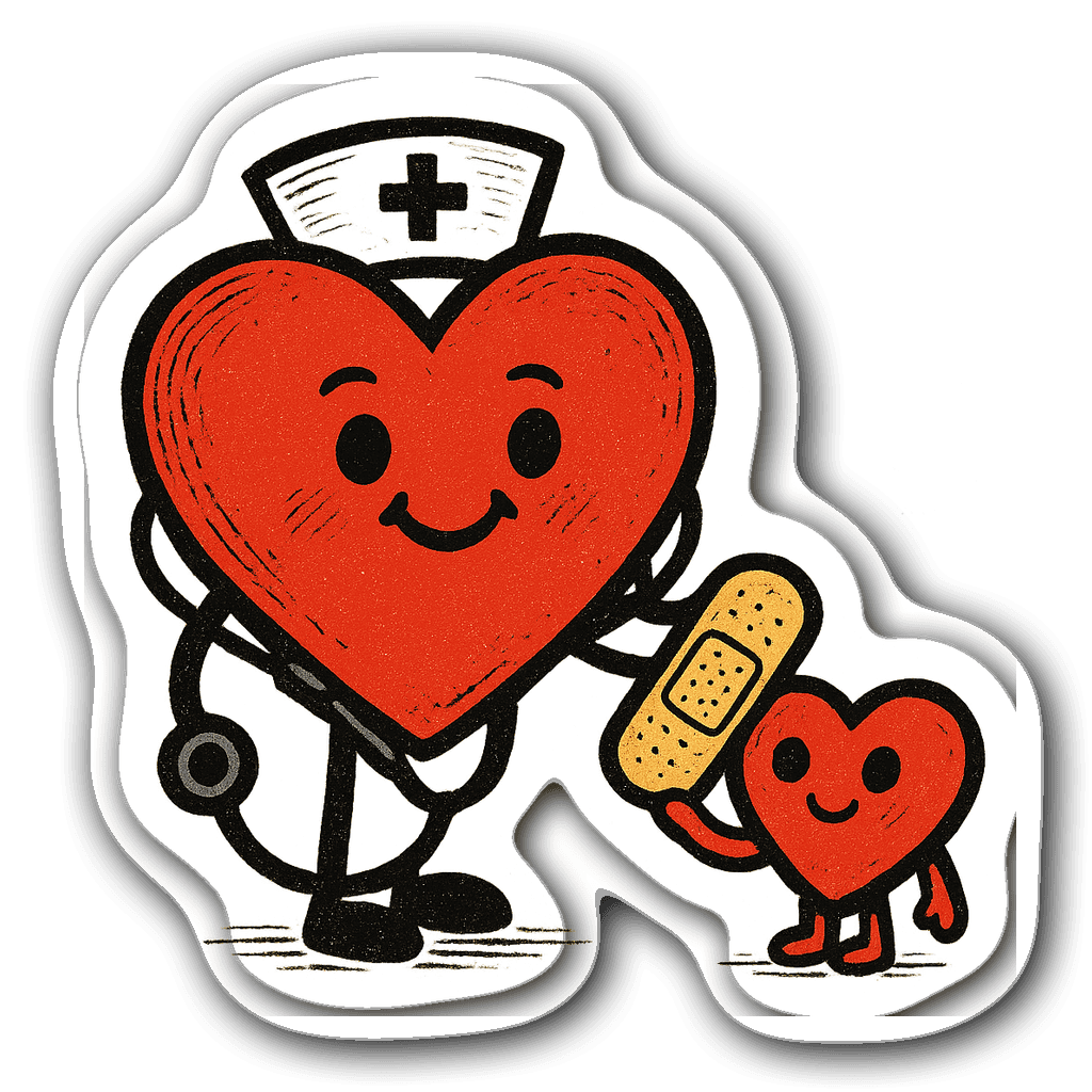 Cute heart character with stethoscope and nurse cap donating a band-aid