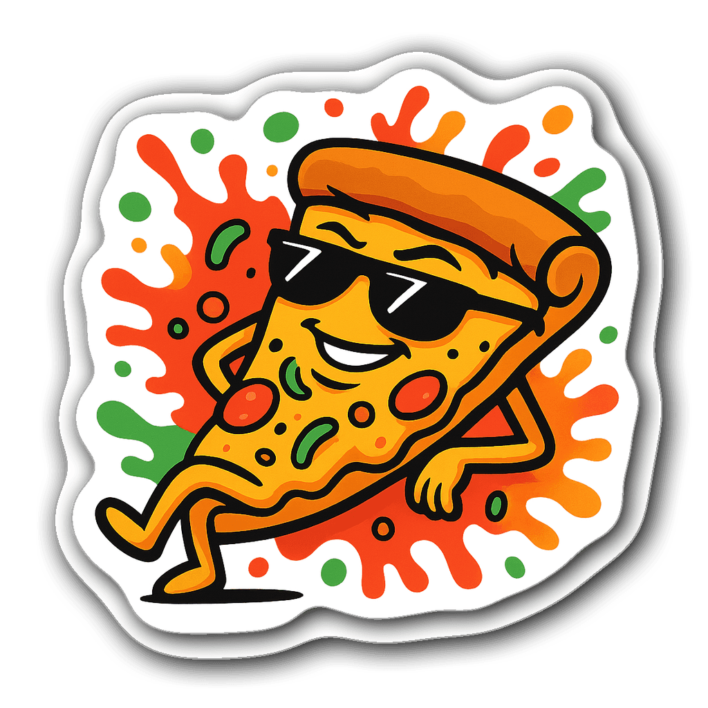 Graffiti style sticker of a sassy pizza slice with sunglasses
