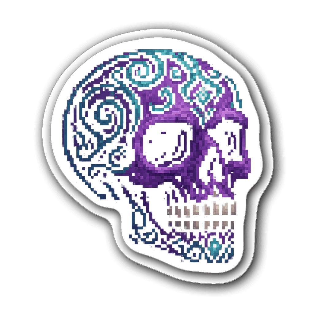 Pixel art skull sticker in gothic style with colors like purple and teal