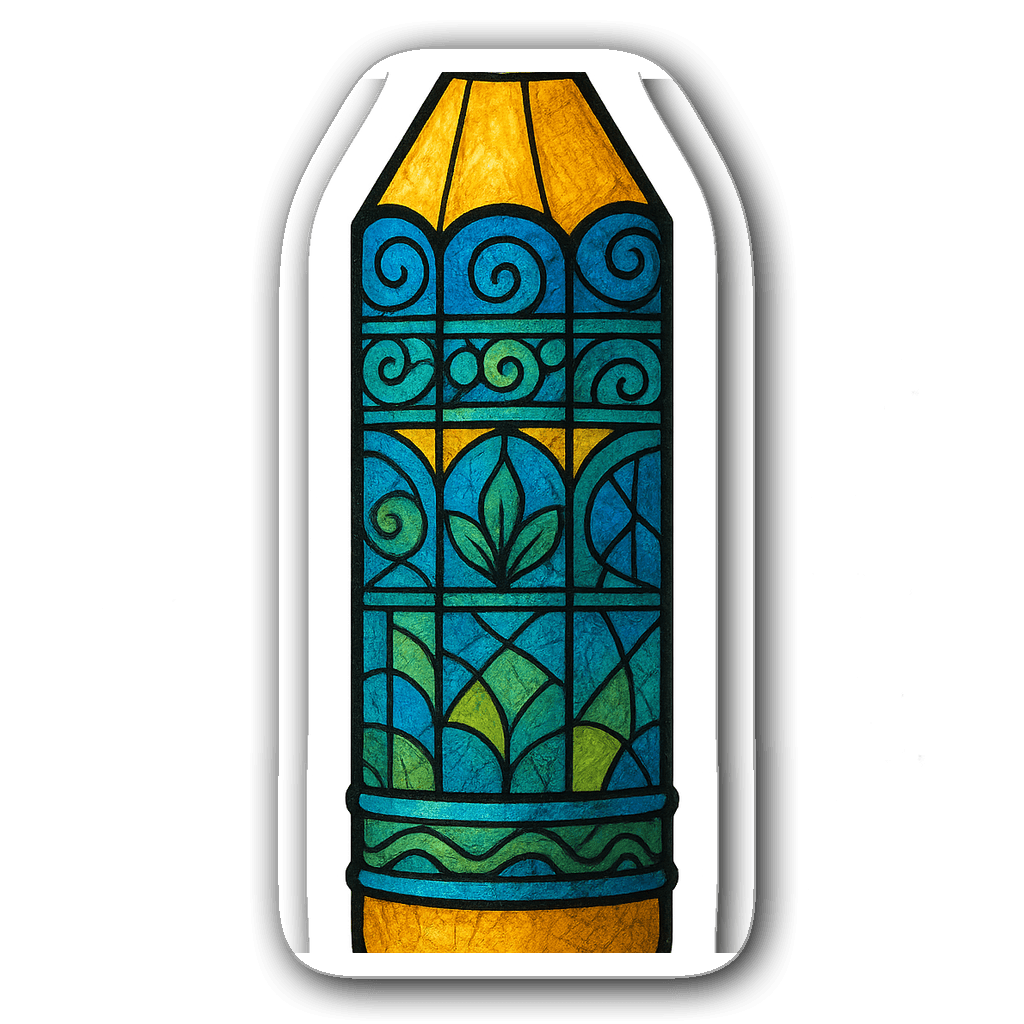 Whimsical stained glass pencil sticker in blue, yellow, and green.
