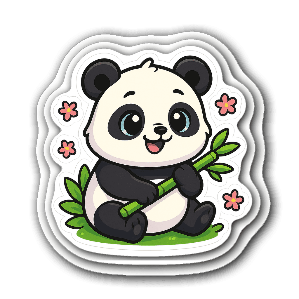 Kawaii chubby panda holding bamboo surrounded by flowers