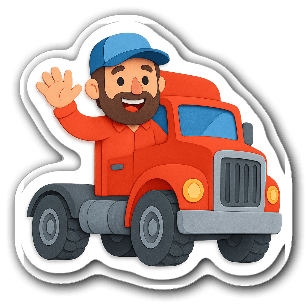 Cheerful trucker character with a red semi-truck against transparency