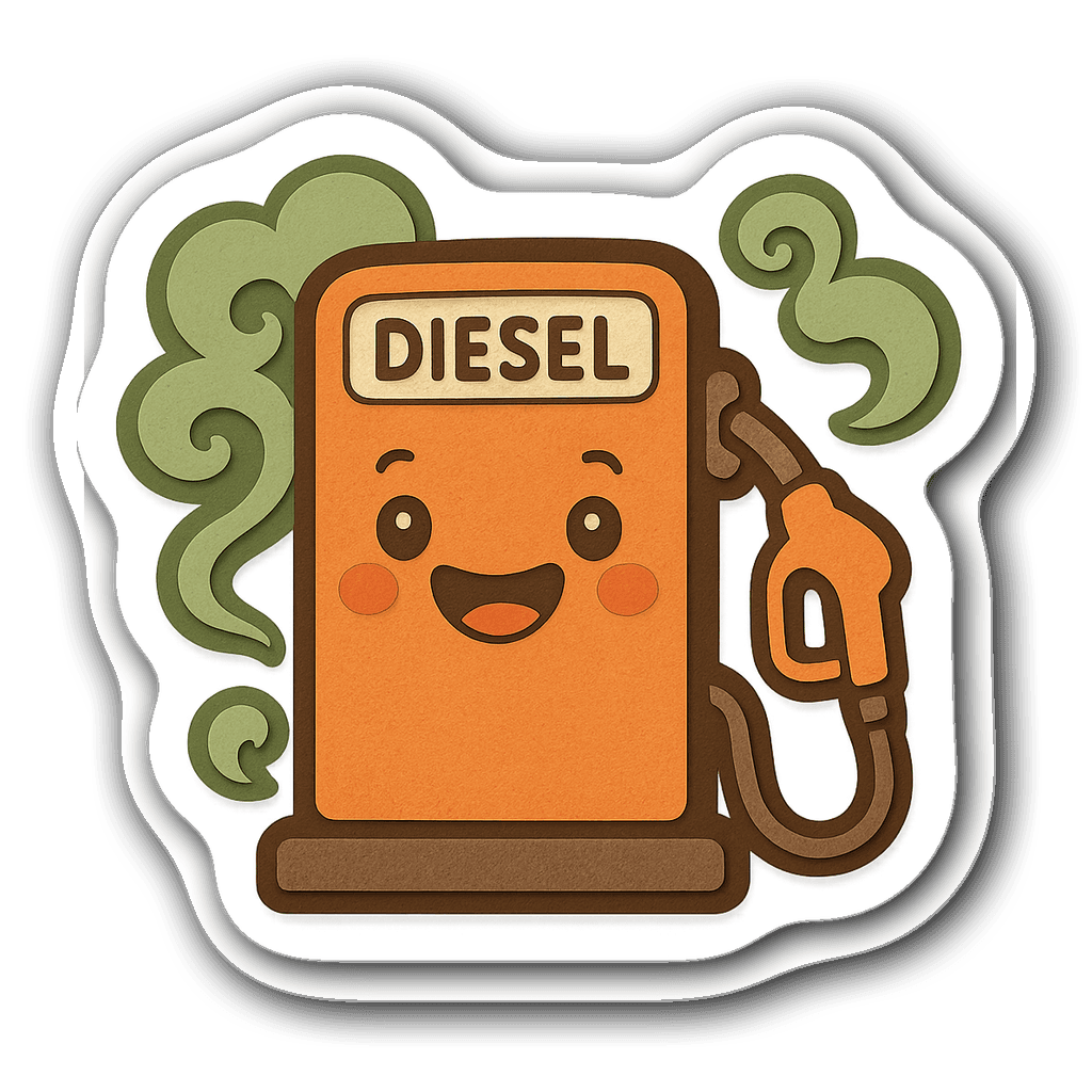 Adorable diesel fuel pump sticker with green fuel smoke