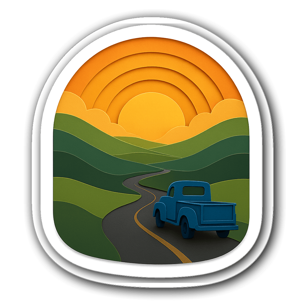 Layered sticker of a blue truck on an open road at sunset
