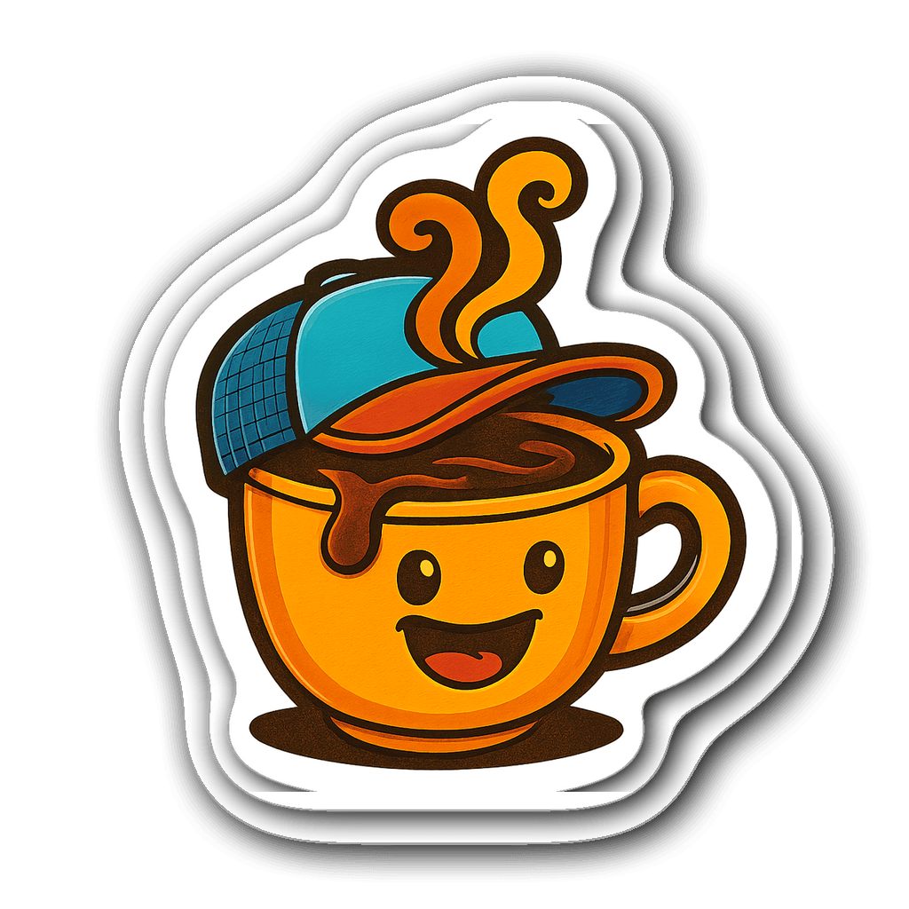 A vibrant vinyl sticker of a coffee cup with a trucker's cap overflowing with coffee.