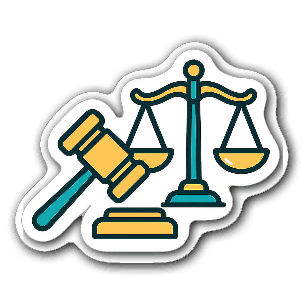 Gavel and scales of justice sticker in gold and teal