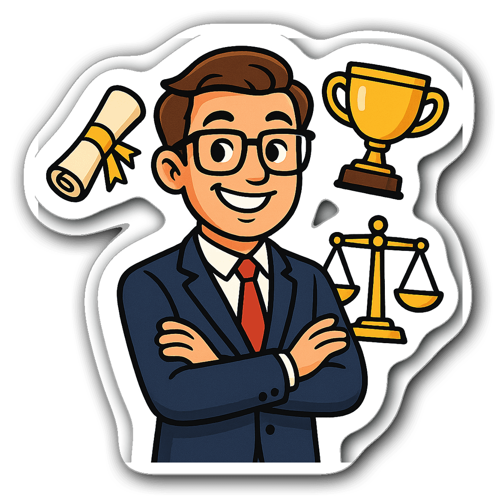 Cartoon-style lawyer sticker with diploma and trophy