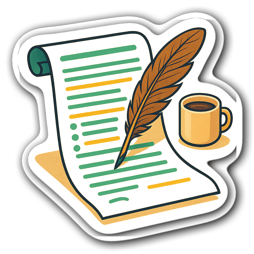 Vibrant lawyer sticker featuring a legal document and quill pen