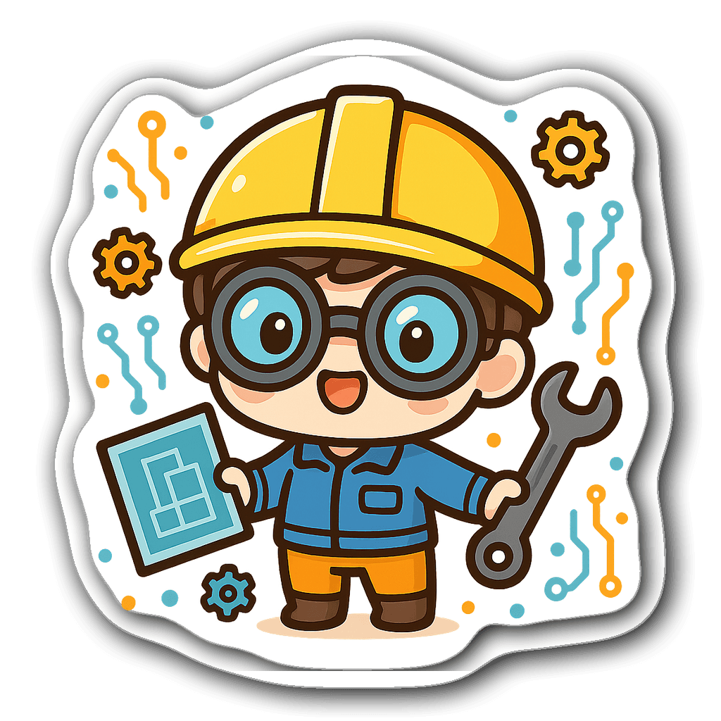 Kawaii chibi engineer character holding a blueprint and wrench