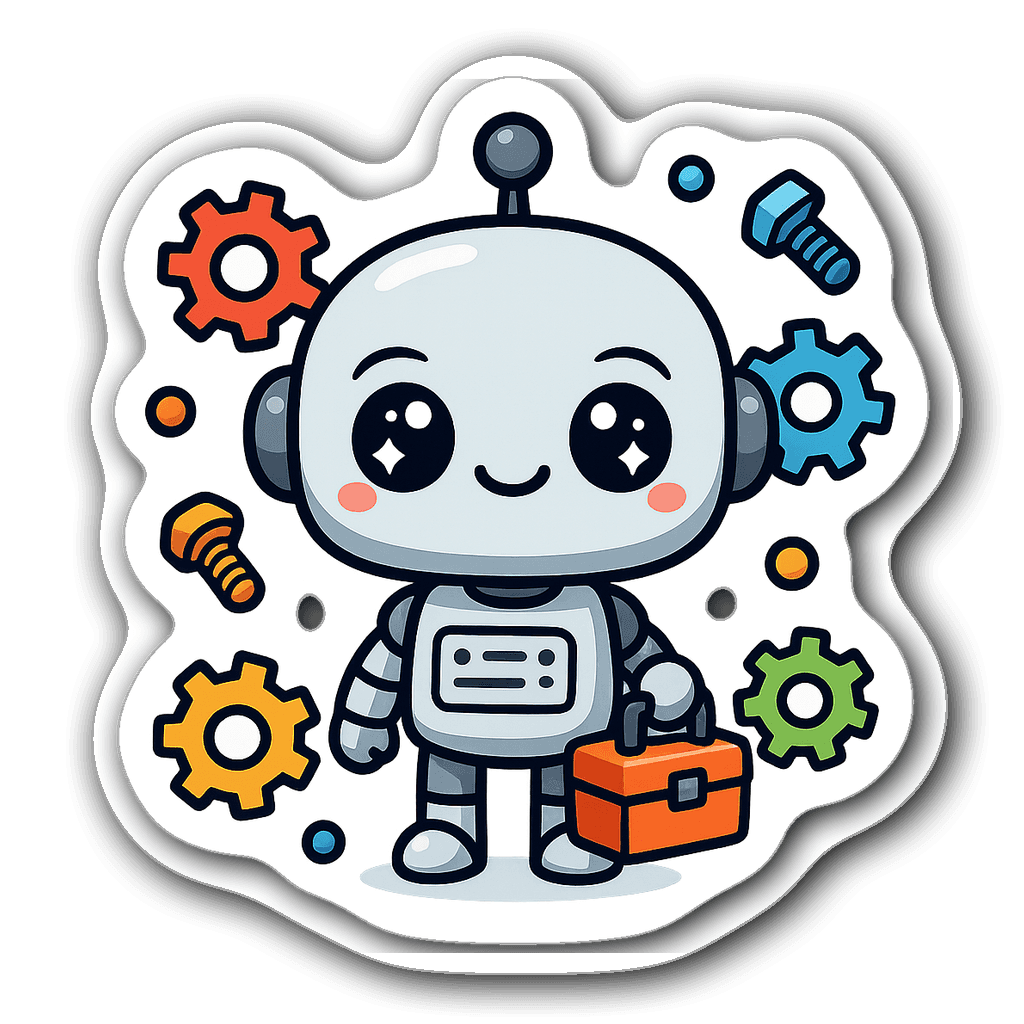 Kawaii chibi robot sticker with toolbox and cogs