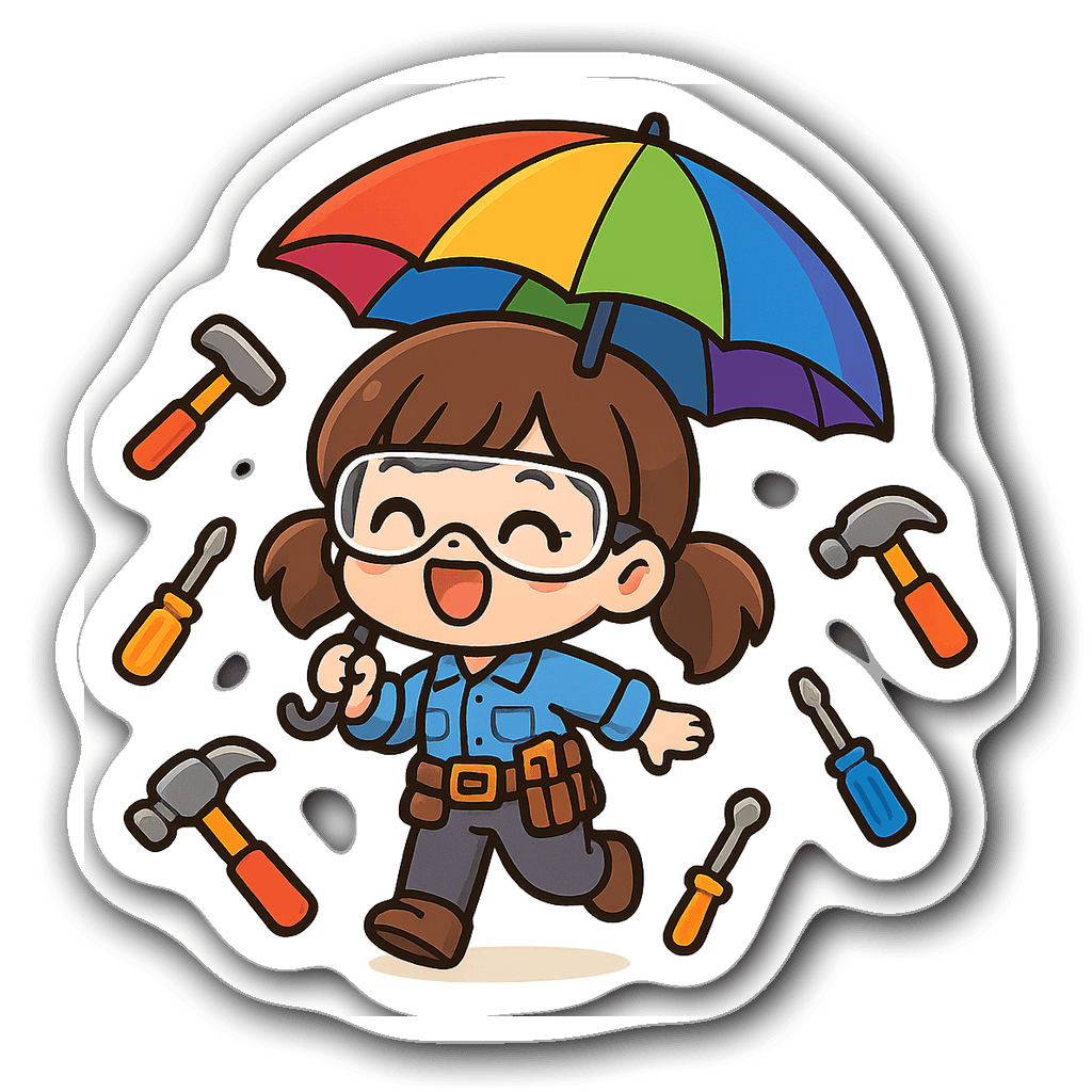 Kawaii chibi engineer girl with tools and rainbow umbrella