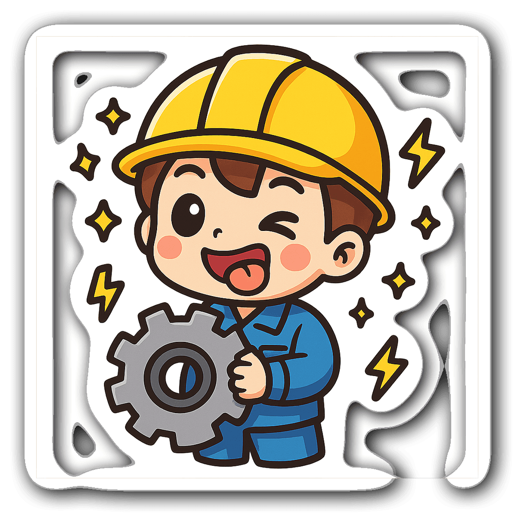 Kawaii chibi male engineer with mechanical gear sticker design