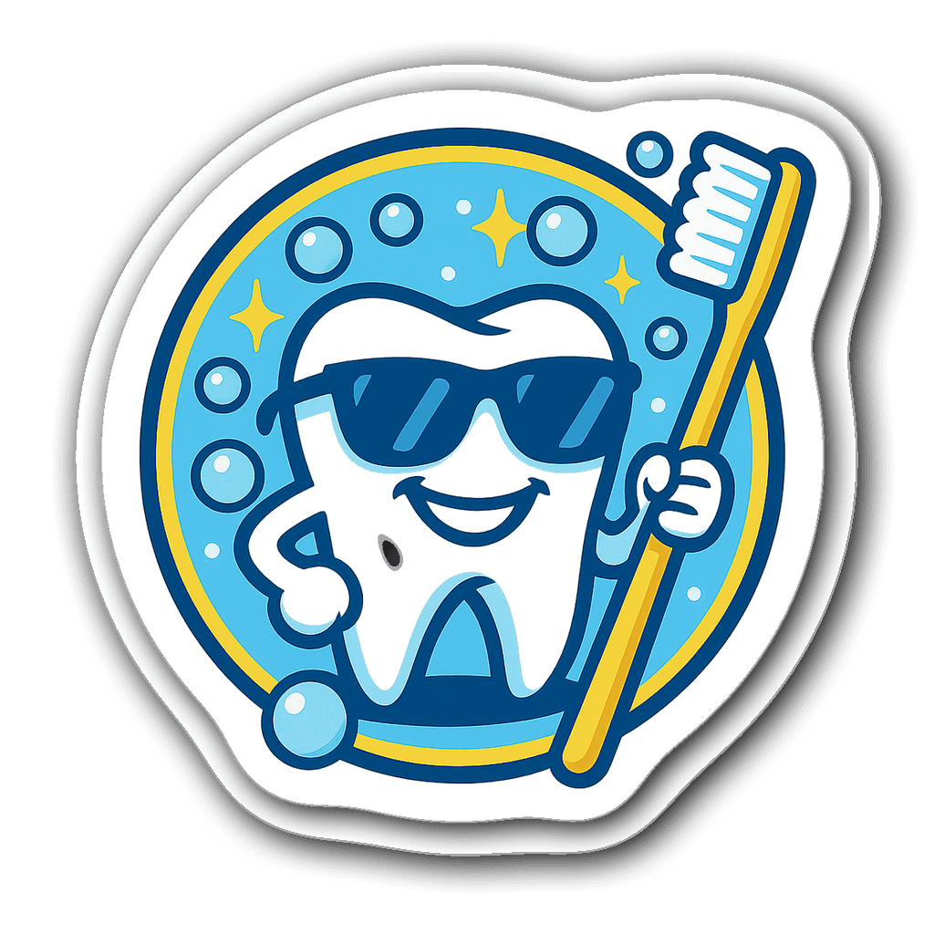 Cartoon tooth wearing sunglasses, holding a toothbrush with bubbles.