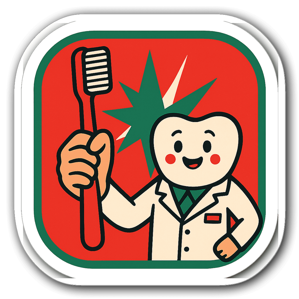 Retro sticker featuring a dental hygienist with oversized toothbrush and tooth mascot.