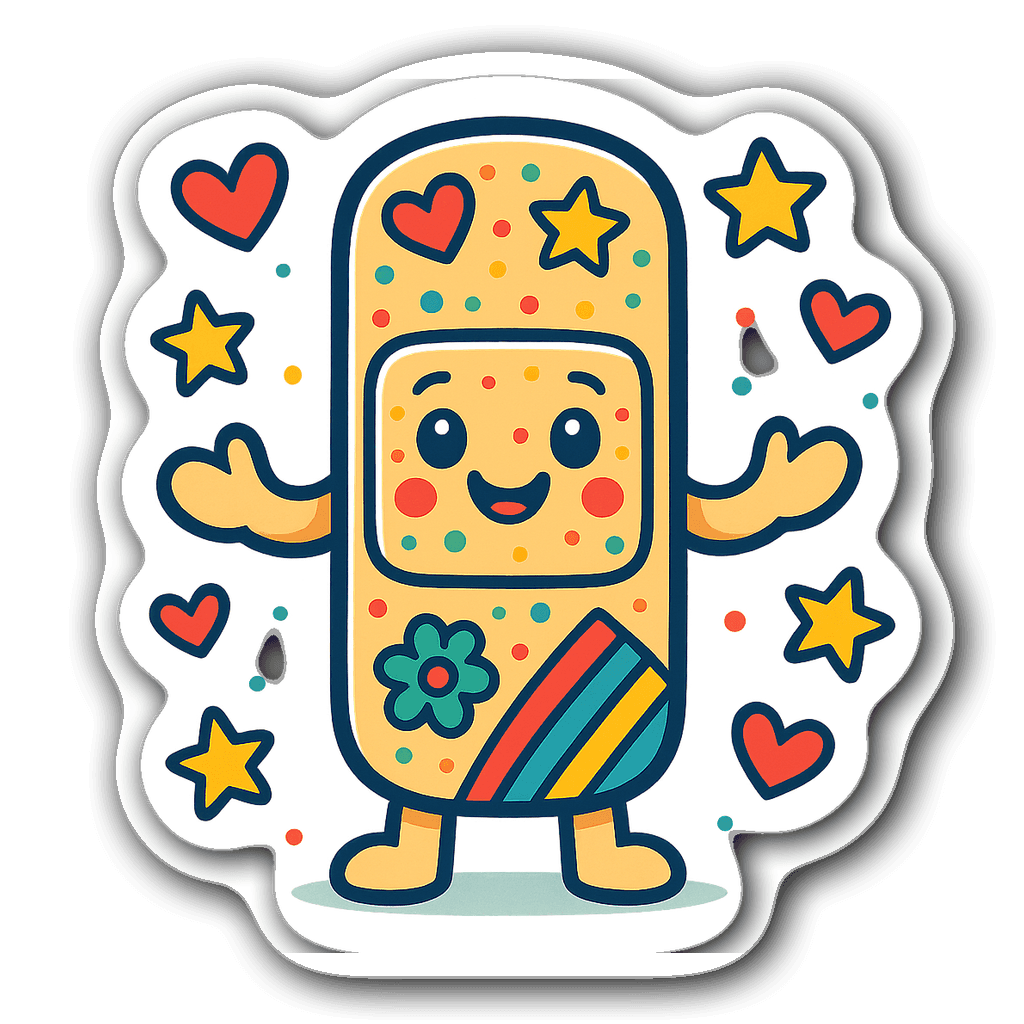 A cheerful cartoon-style band-aid character with hearts and stars