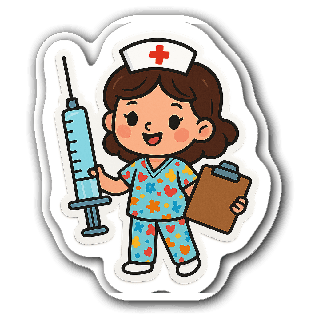 Cute nurse with syringe and clipboard in colorful scrubs