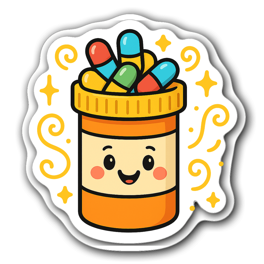 Cheerful cartoon pill bottle sticker with colorful capsules