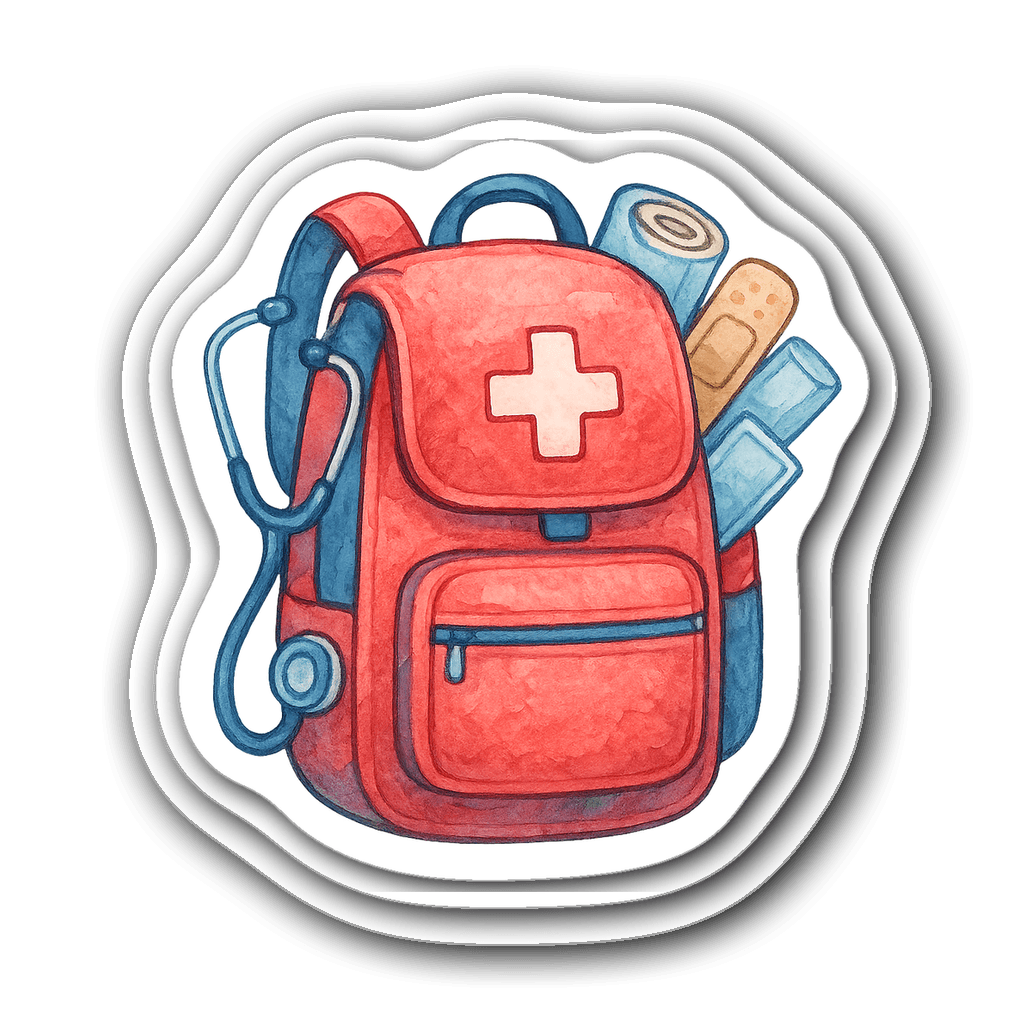 Watercolor illustration of a paramedic backpack with supplies