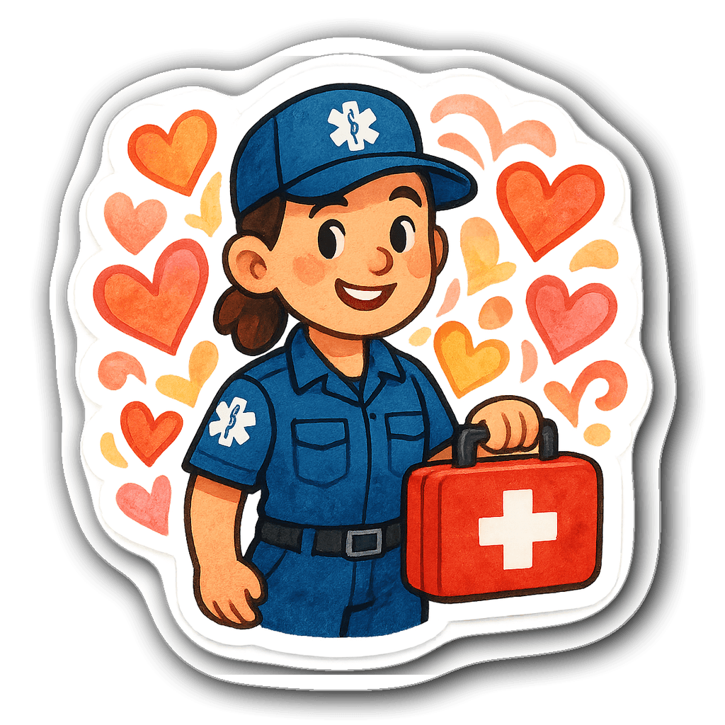 Cheerful EMT character holding a first aid kit surrounded by hearts