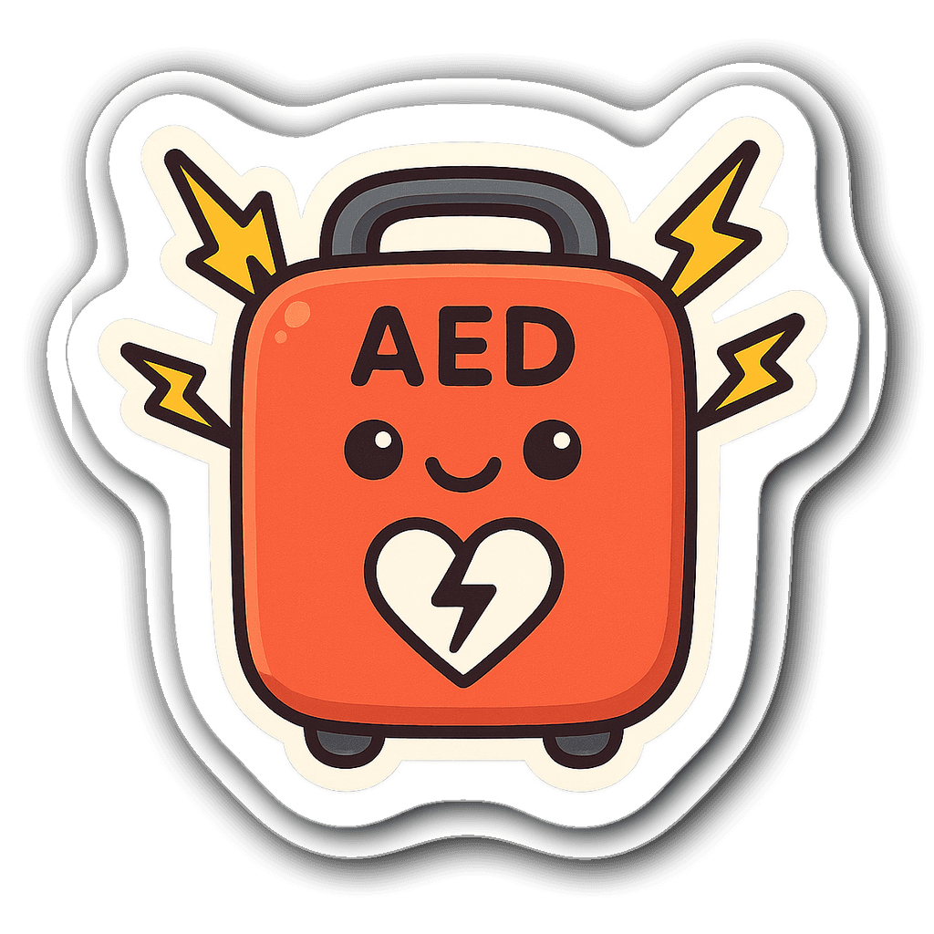 Cute cartoonish AED with a smiling face and lightning bolts