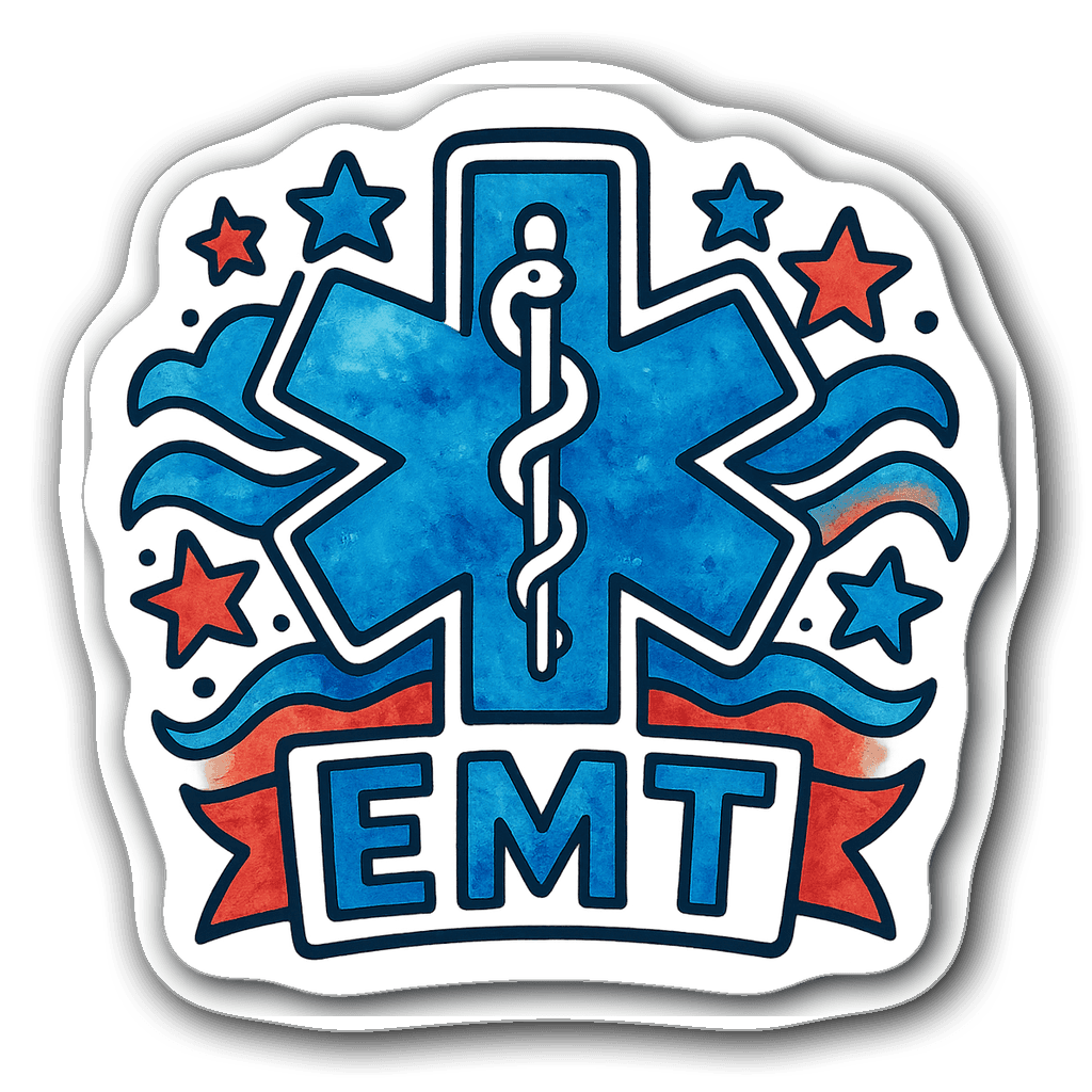 Whimsical EMT badge sticker with watercolor stars and waves
