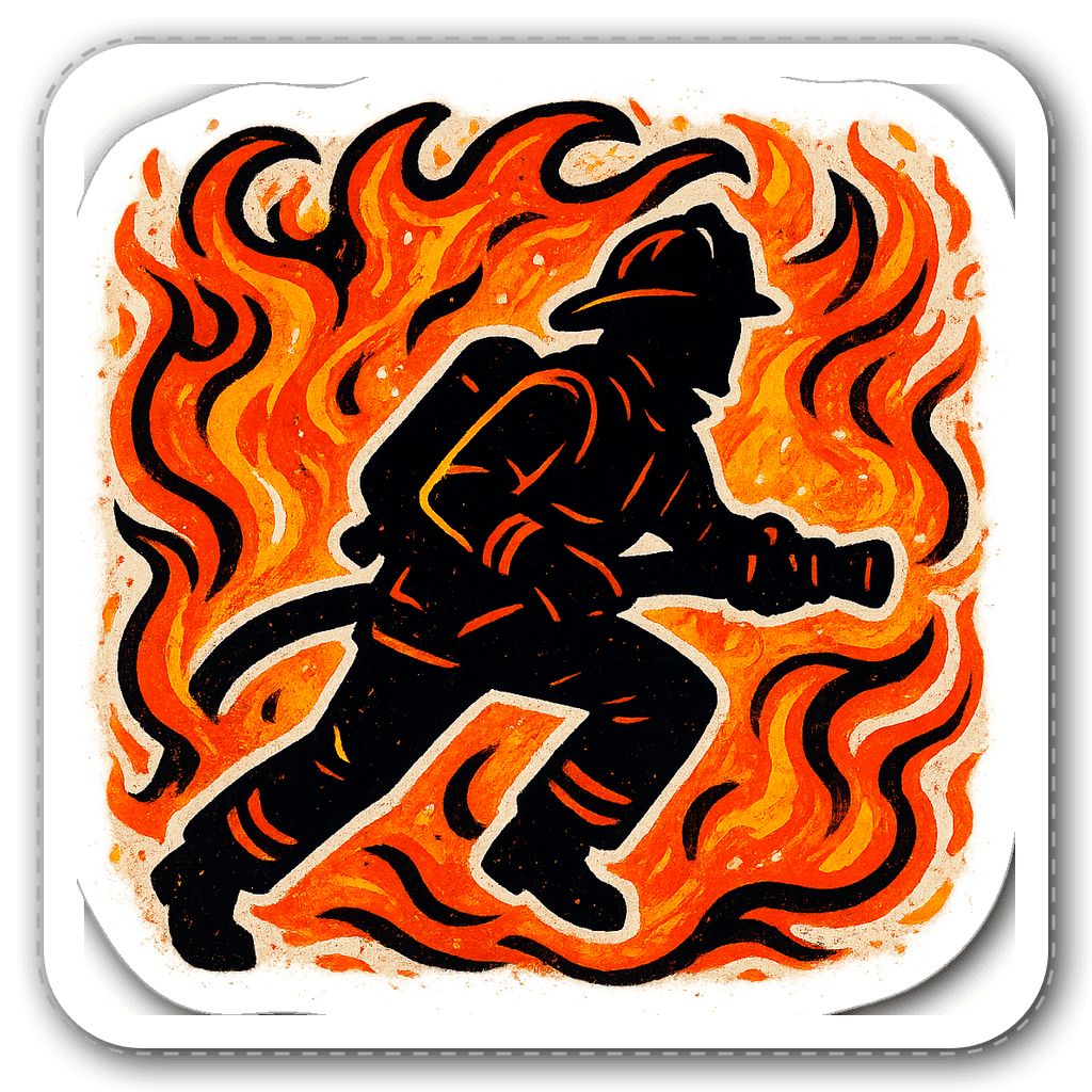 Vibrant firefighter silhouette with flames in graffiti style.