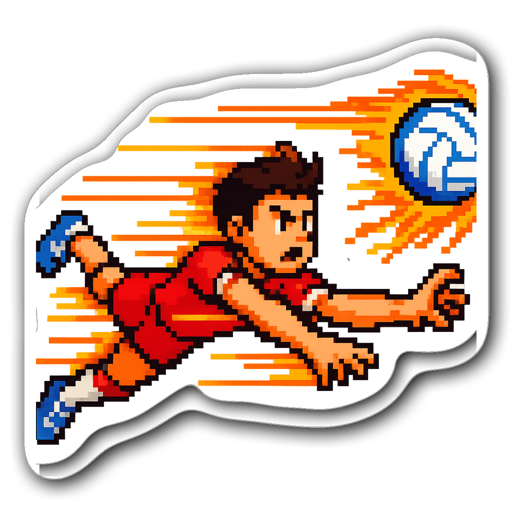 Animated pixel art volleyball player diving to spike the ball
