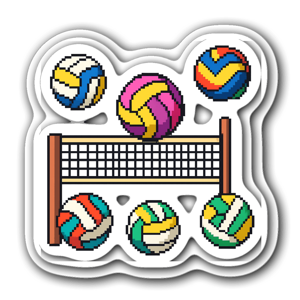 Pixel art volleyball sticker with vibrant colors and thick outline